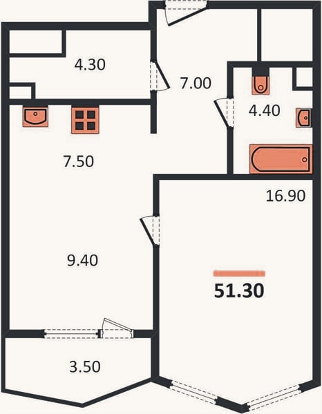 Планировка: 1-к, 51,3 м²