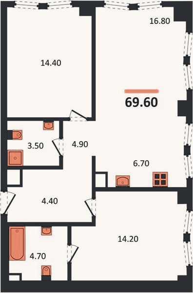 Планировка: 2-к, 69,6 м²