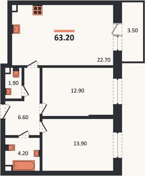 Планировка: 2-к, 64,3 м²