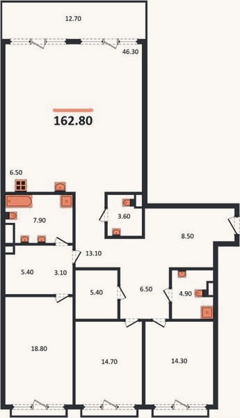 Планировка: 3-к, 162,8 м²