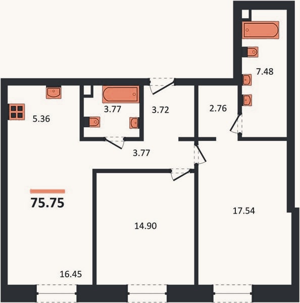 Планировка: 2-к, 75,8 м²