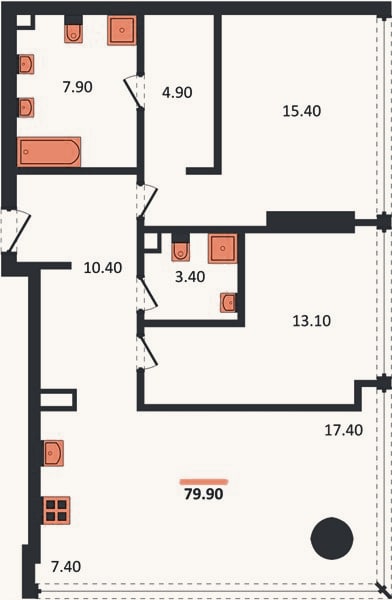 Планировка: 2-к, 79,9 м²