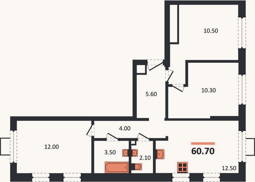 Планировка: 3-к, 60,7 м²