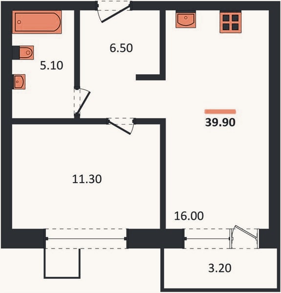 Планировка: 1-к, 39,9 м²