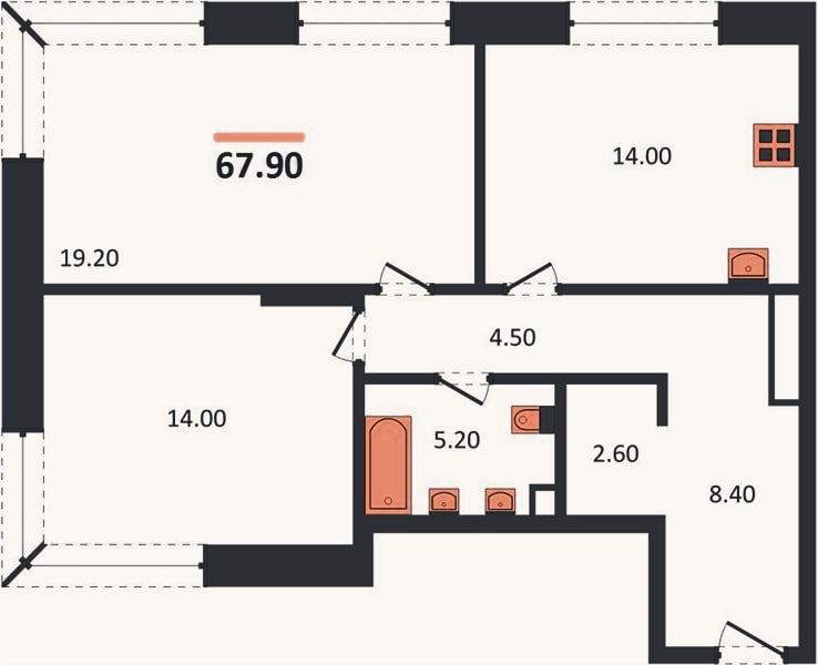 Планировка: 2-к, 67,9 м²