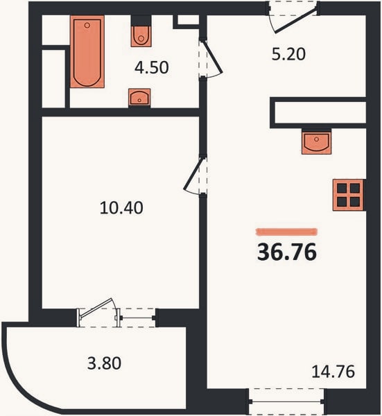 Планировка: 1-к, 36,8 м²