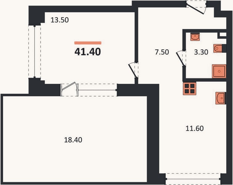 Планировка: 1-к, 41,4 м²