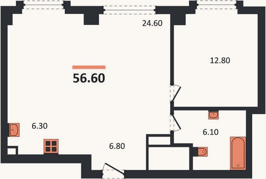 Планировка: 1-к, 56,6 м²