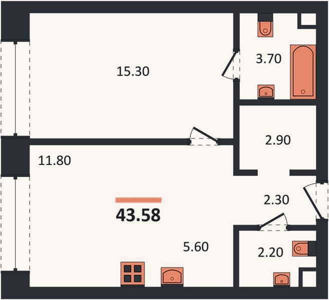 Планировка: 1-к, 43,6 м²