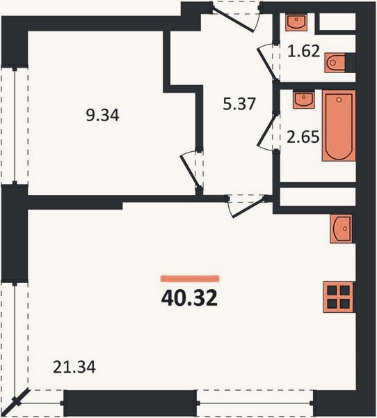 Планировка: 1-к, 40,3 м²