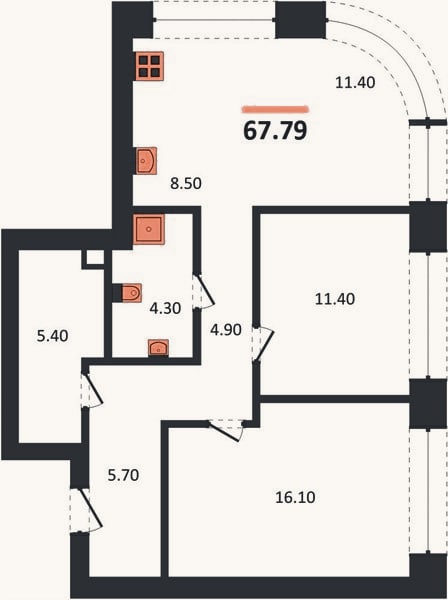 Планировка: 2-к, 67,8 м²