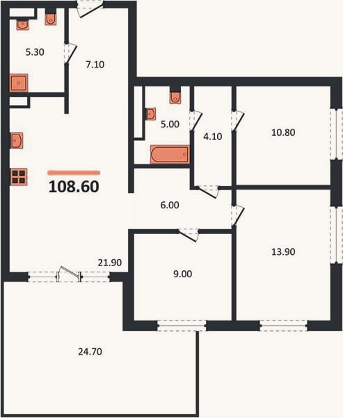 Планировка: 3-к, 108,6 м²