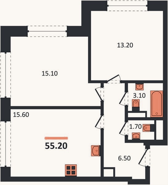 Планировка: 2-к, 55,2 м²