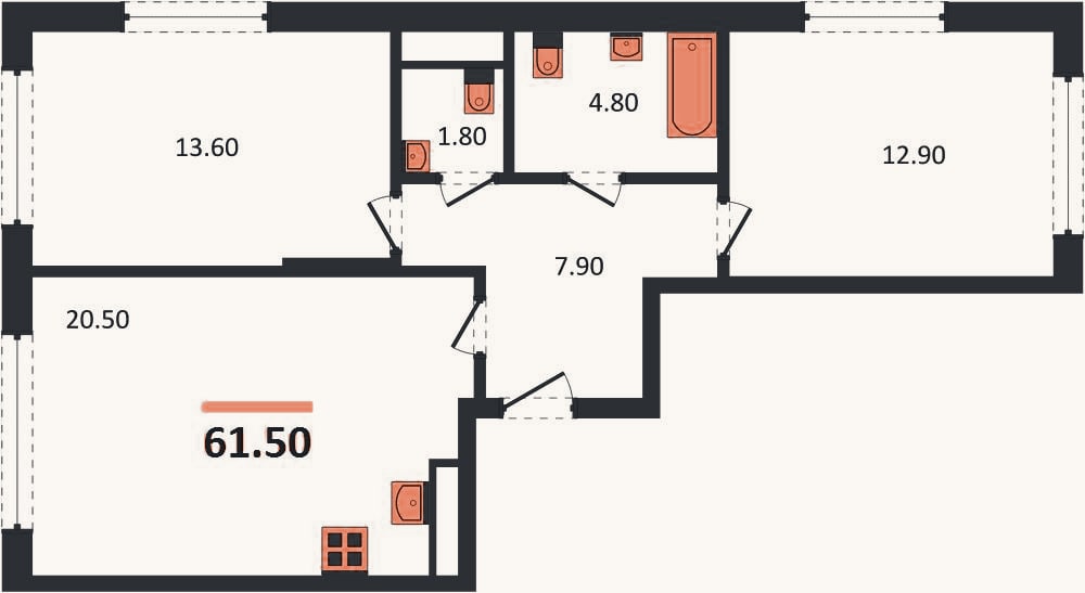 Планировка: 2-к, 61,1 м²