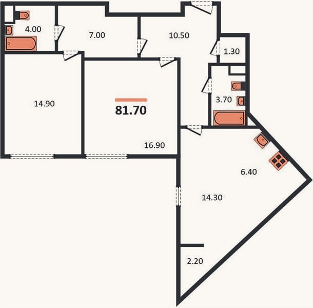 Планировка: 2-к, 81,7 м²