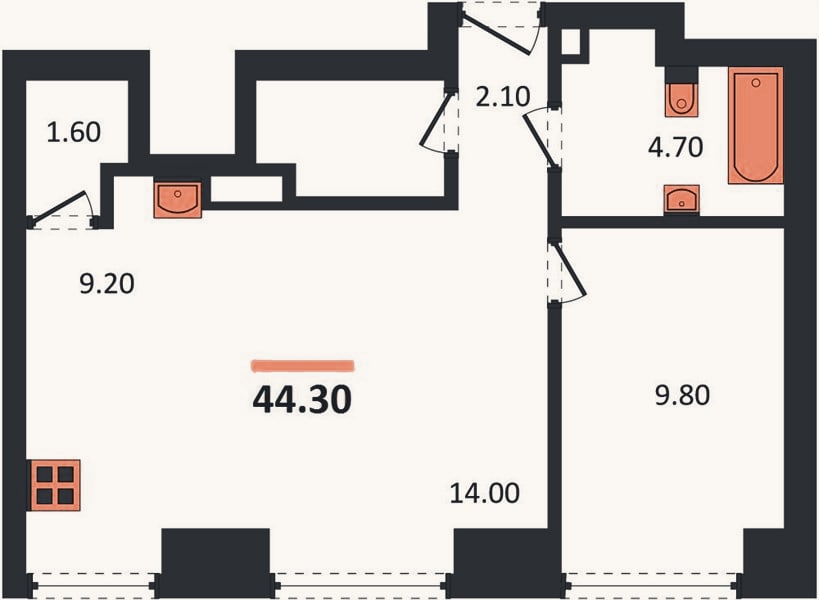 Планировка: 1-к, 44,3 м²
