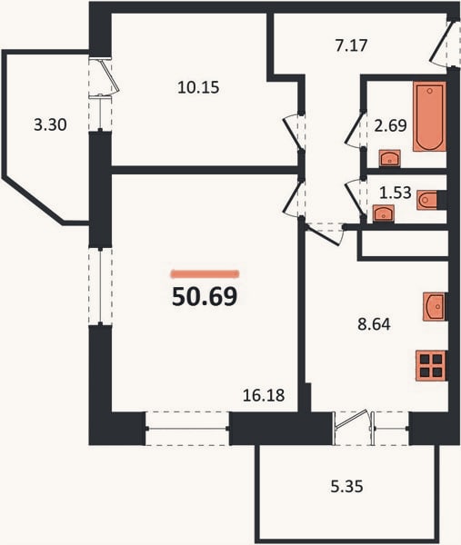 Планировка: 2-к, 50,7 м²