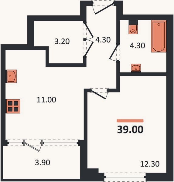 Планировка: 1-к, 39 м²