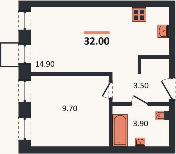 Планировка: 1-к, 32,4 м²