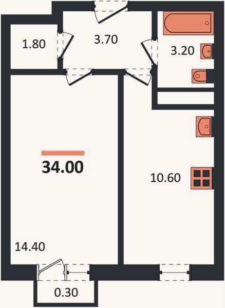 Планировка: 1-к, 34 м²