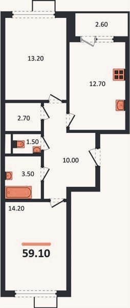 Планировка: 2-к, 59,1 м²