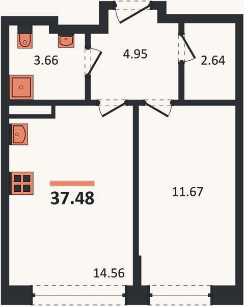 Планировка: 1-к, 37,5 м²