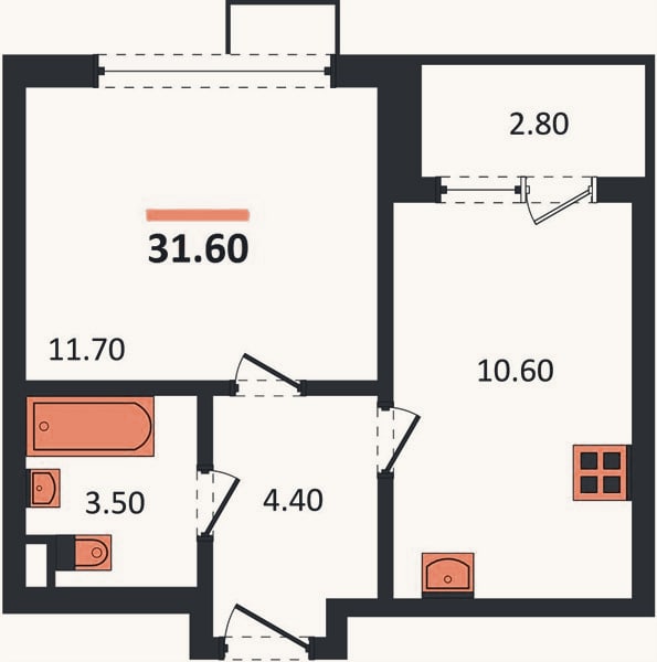 Планировка: 1-к, 31,6 м²