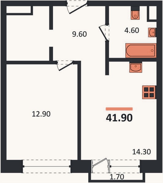 Планировка: 1-к, 41,9 м²