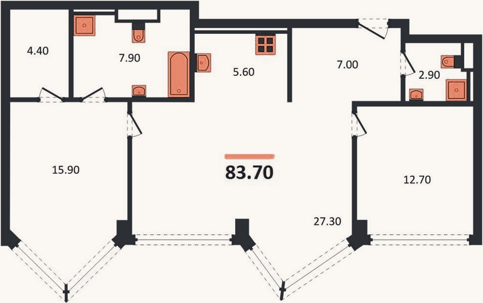 Планировка: 2-к, 83,7 м²