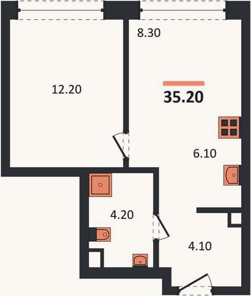 Планировка: 1-к, 35,2 м²