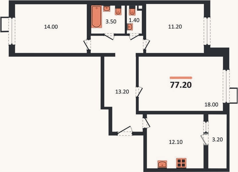 Планировка: 3-к, 77,2 м²