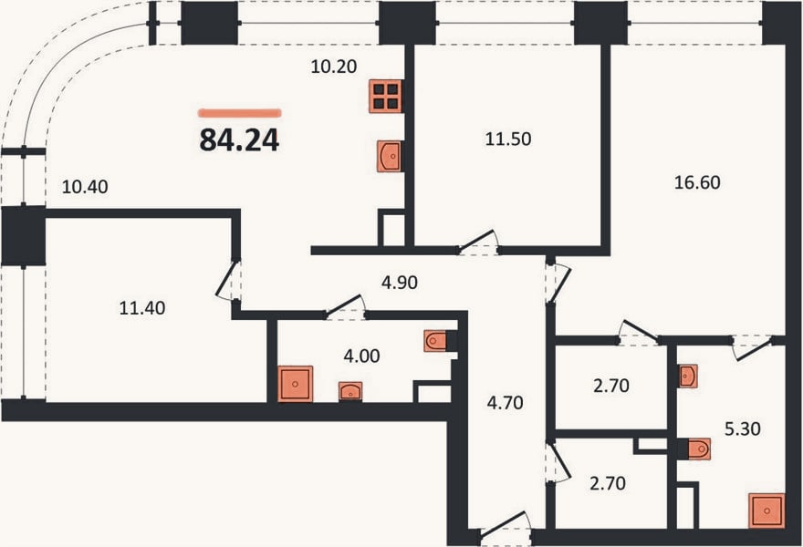 Планировка: 3-к, 84,2 м²