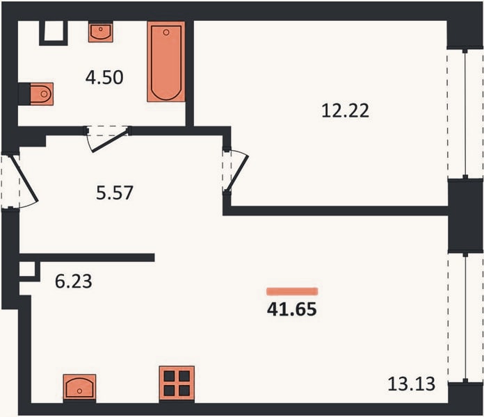 Планировка: 1-к, 41,7 м²