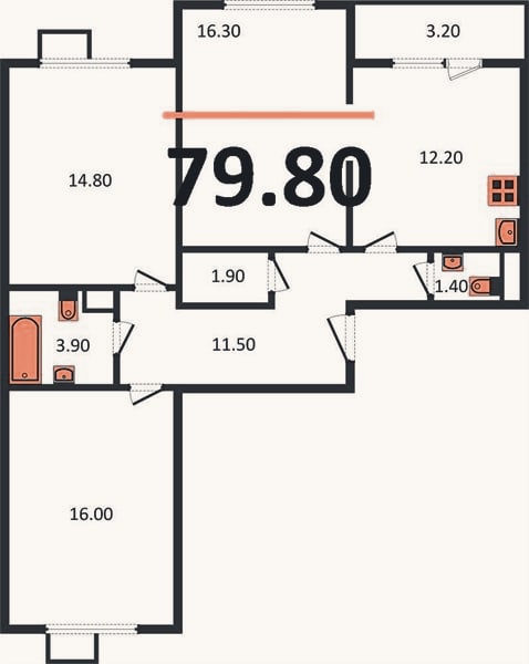 Планировка: 3-к, 79,8 м²
