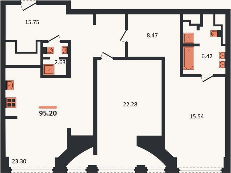 Планировка: 2-к, 95,2 м²