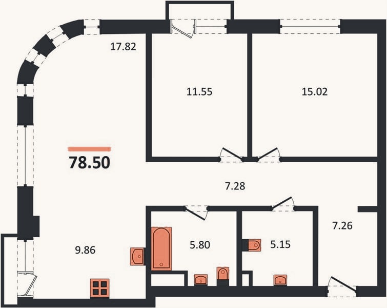 Планировка: 2-к, 78,5 м²