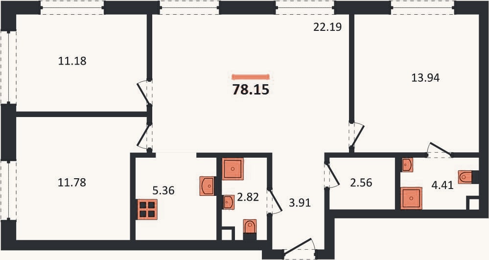Планировка: 3-к, 78,2 м²