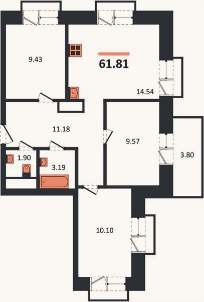 Планировка: 3-к, 61,8 м²