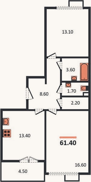Планировка: 2-к, 61,4 м²