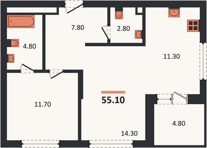 Планировка: 1-к, 55,1 м²