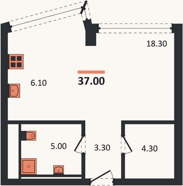 Планировка: Студия, 37 м²