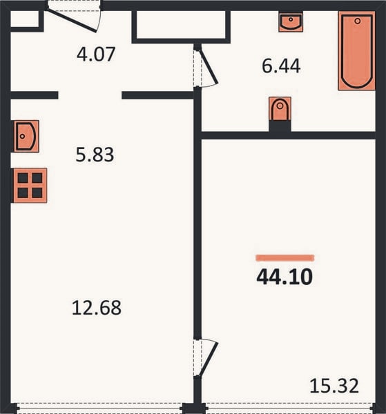 Планировка: 1-к, 44,1 м²