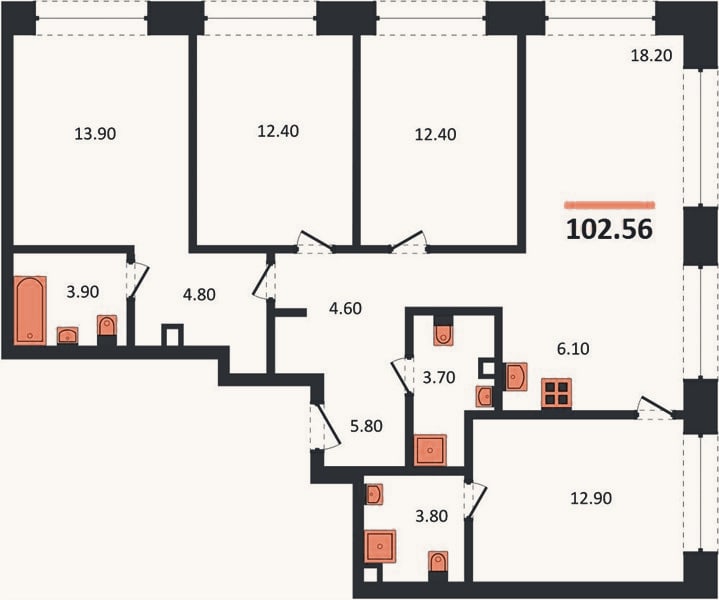 Планировка: 4+ к, 102,6 м²