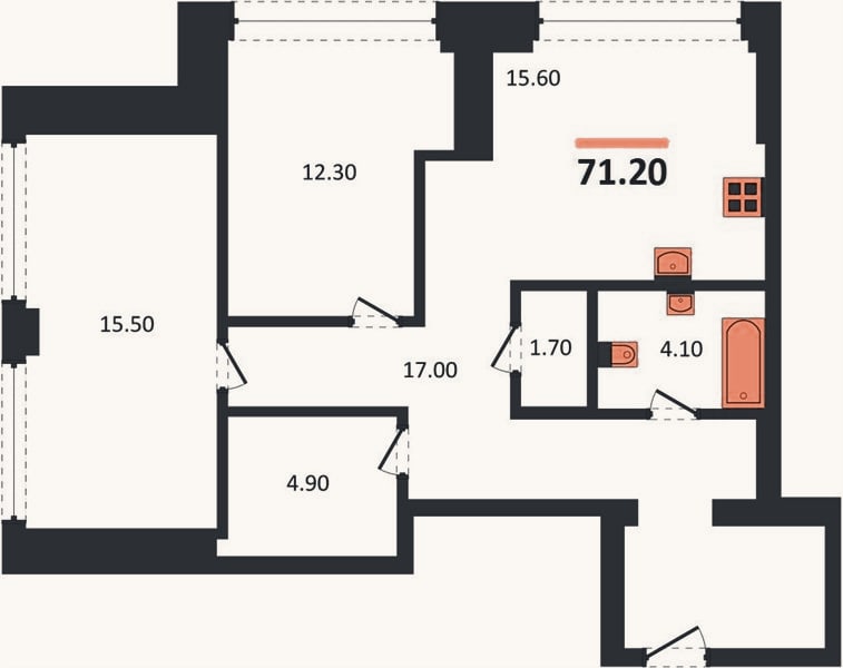 Планировка: 2-к, 71,2 м²