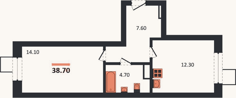 Планировка: 1-к, 38,7 м²