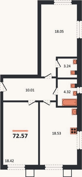 Планировка: 2-к, 72,6 м²