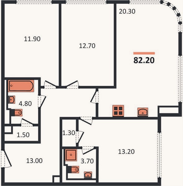 Планировка: 3-к, 82,2 м²