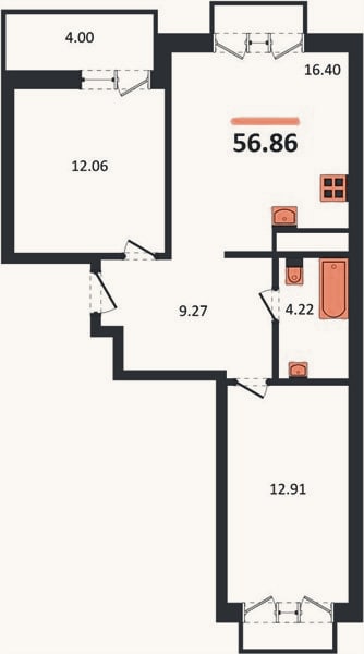 Планировка: 2-к, 56,9 м²