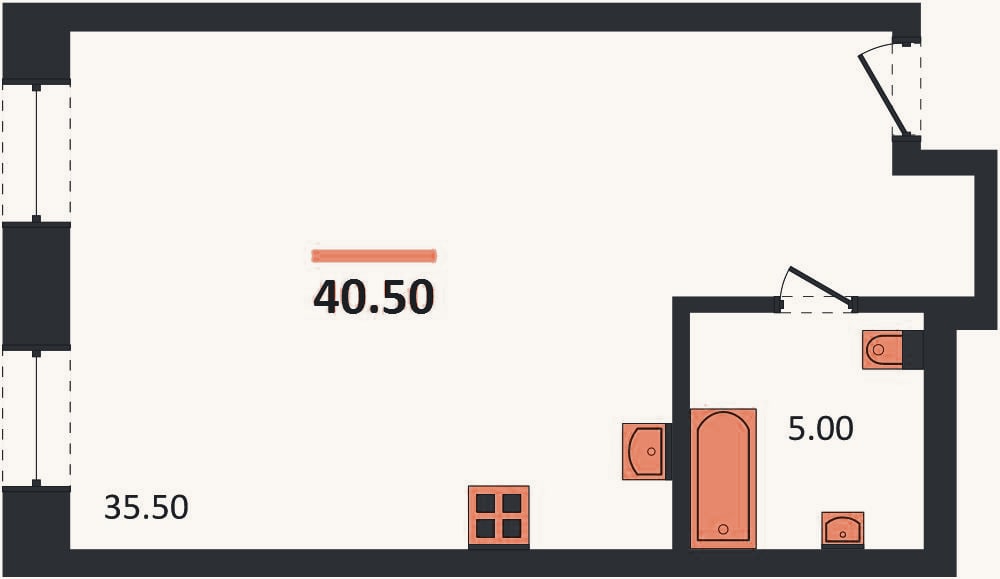Планировка: Студия, 40,5 м²