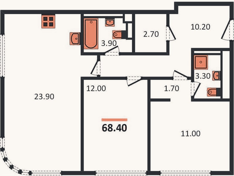 Планировка: 2-к, 68,4 м²
